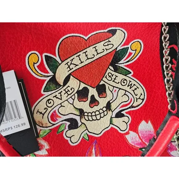 Ed Hardy Love Kills Slowly Large Weekender Duffle Travel Bag Red Faux Leather - Picture 5 of 12